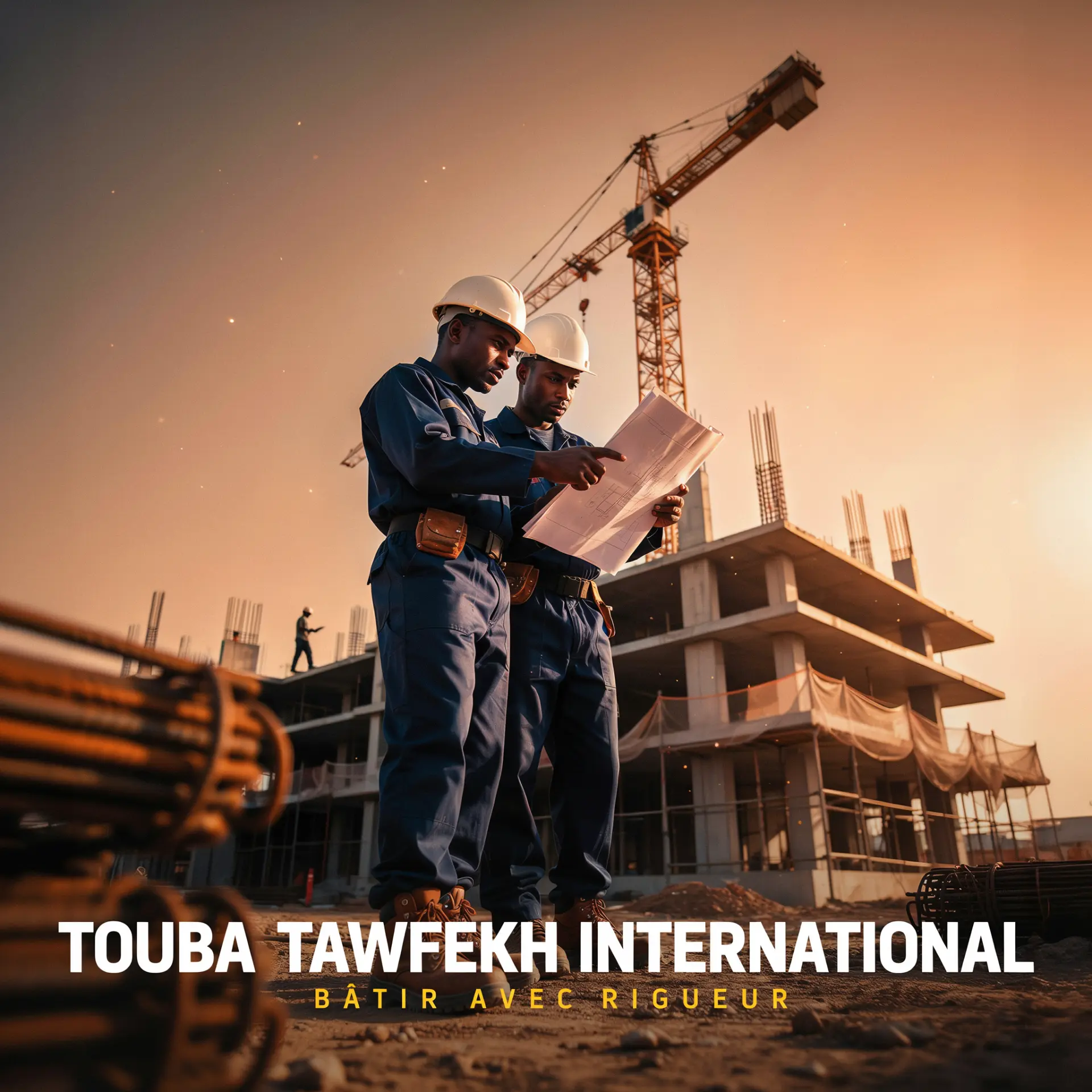 Ingénieurs de Touba Tawfékh International étudiant les plans sur un chantier au coucher du soleil